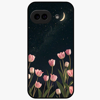 Midnight Tulip Whispers Vibe Glass Case showing flat back view with elegant tulip flower artwork and glossy glass finish.