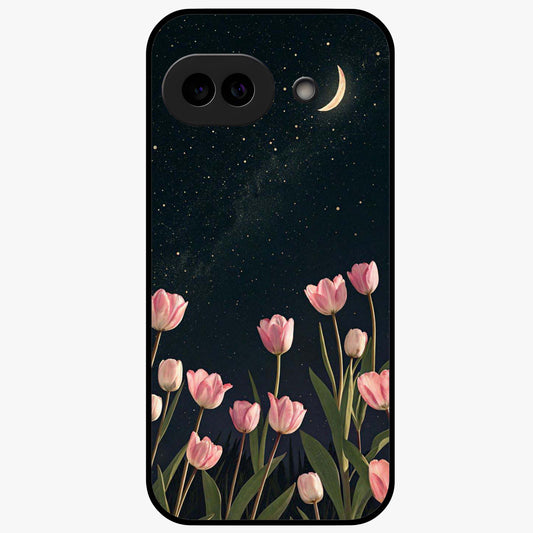 Midnight Tulip Whispers Vibe Glass Case showing flat back view with elegant tulip flower artwork and glossy glass finish.