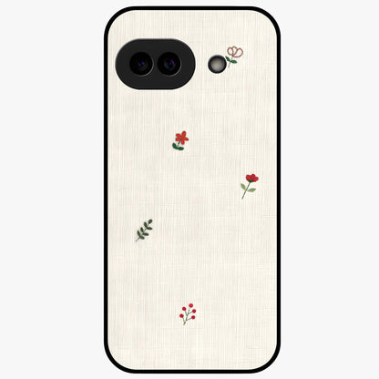 Minimal Petal Whispers Glass Case showing flat back view with soft minimal floral artwork and glossy glass finish.
