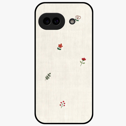 Minimal Petal Whispers Glass Case showing flat back view with soft minimal floral artwork and glossy glass finish.