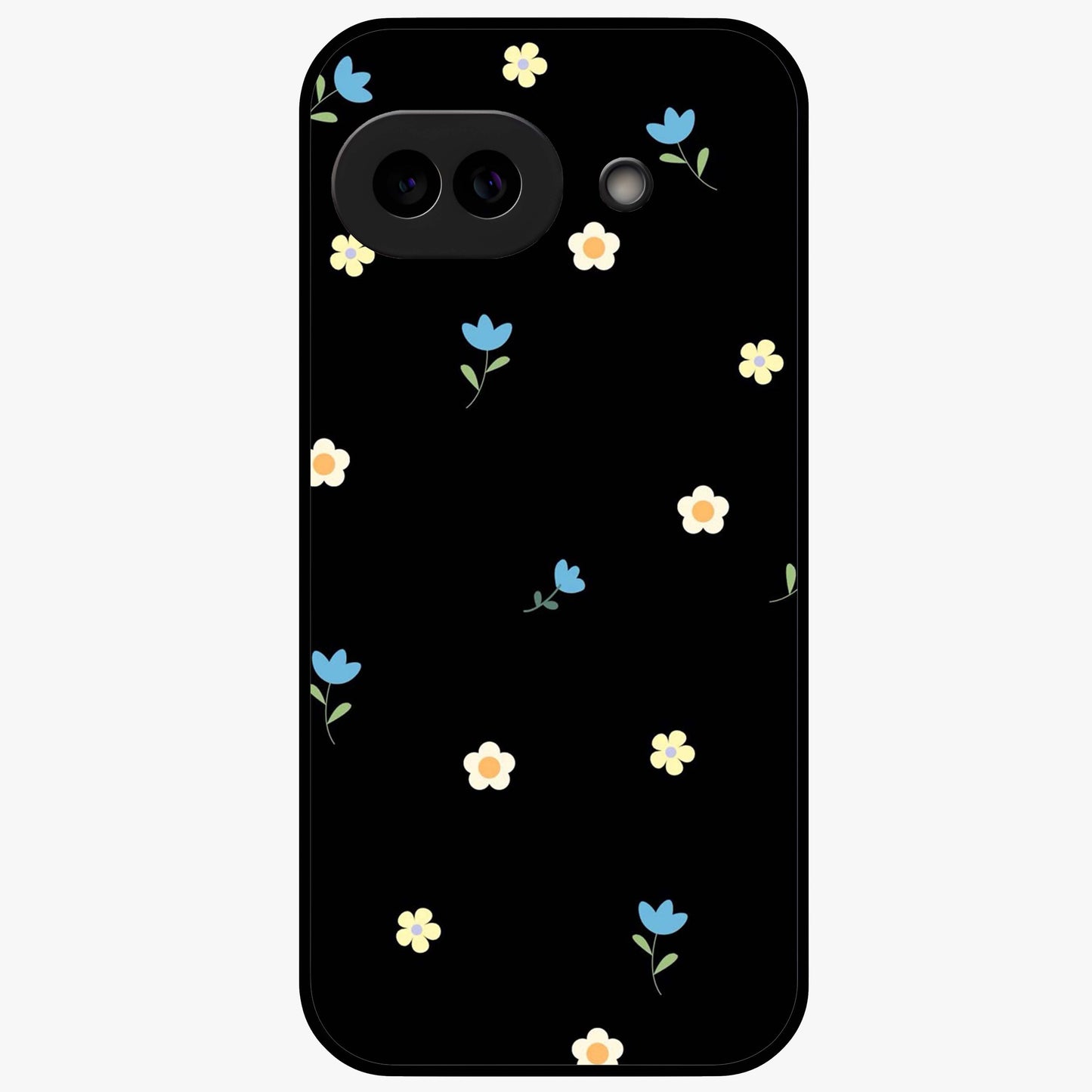 Minimalistic Blue With White Flower Pattern Glass Case showing flat back view with blue background and white flower pattern and glossy glass finish.