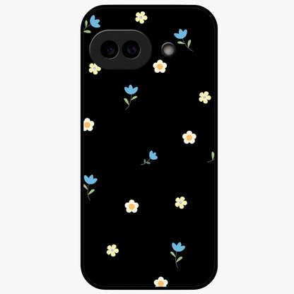 Minimalistic Blue With White Flower Pattern Glass Case showing flat back view with blue background and white flower pattern and glossy glass finish.