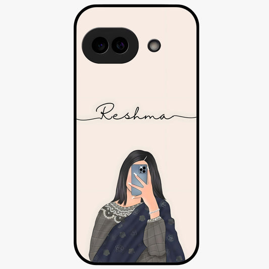Mirror Mood Muse With Custom Name Glass Case showing flat back view with stylish mirrored artwork and personalized name design.