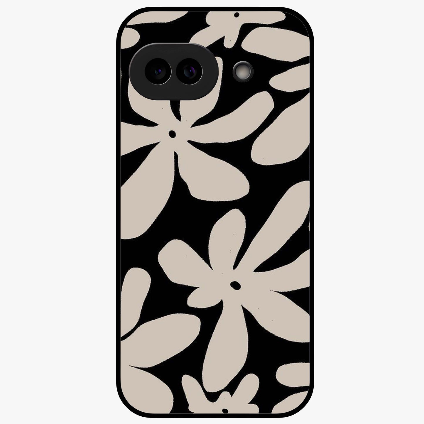 Monochrome Petal Dance Glass Case showing flat back view with monochrome floral artwork and glossy glass finish.