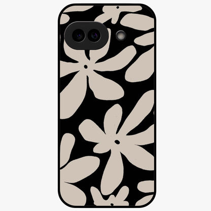 Monochrome Petal Dance Glass Case showing flat back view with monochrome floral artwork and glossy glass finish.