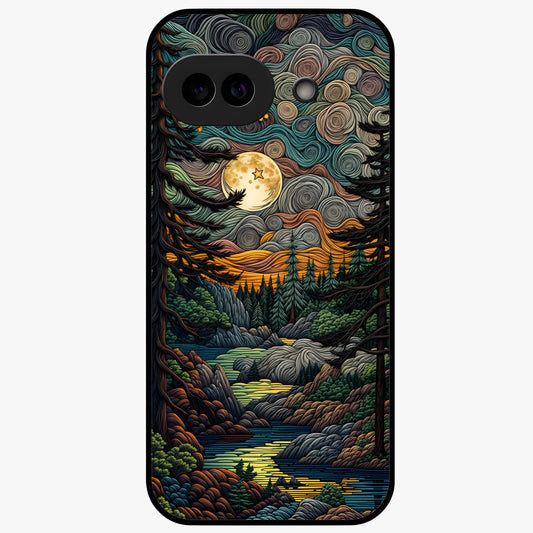 Moonlight Forest Dream Glass Case showing flat back view with mystical forest moonlight artwork and glossy glass finish.
