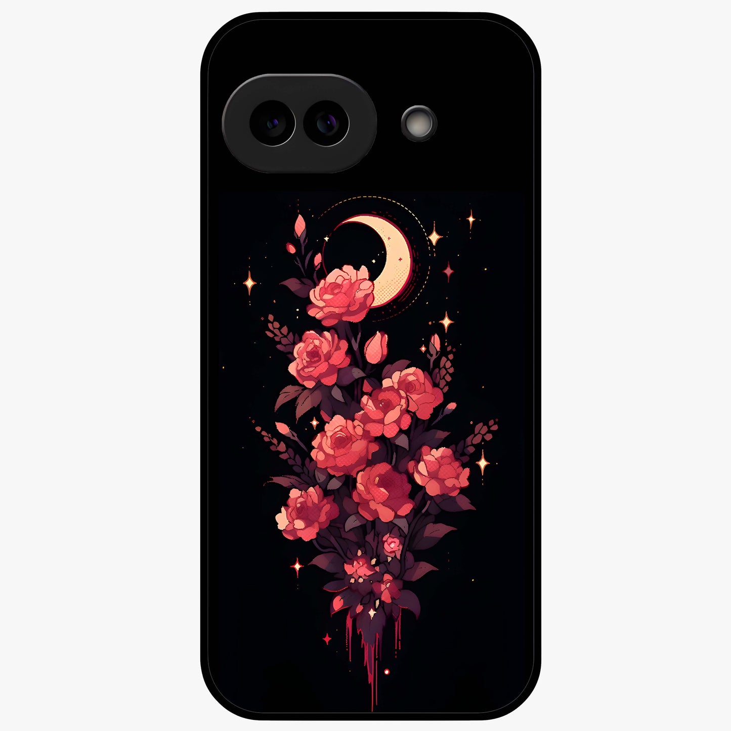 Moonlit Floral Elegance Glass Case showing flat back view with elegant floral artwork under moonlit tones and glossy glass finish.