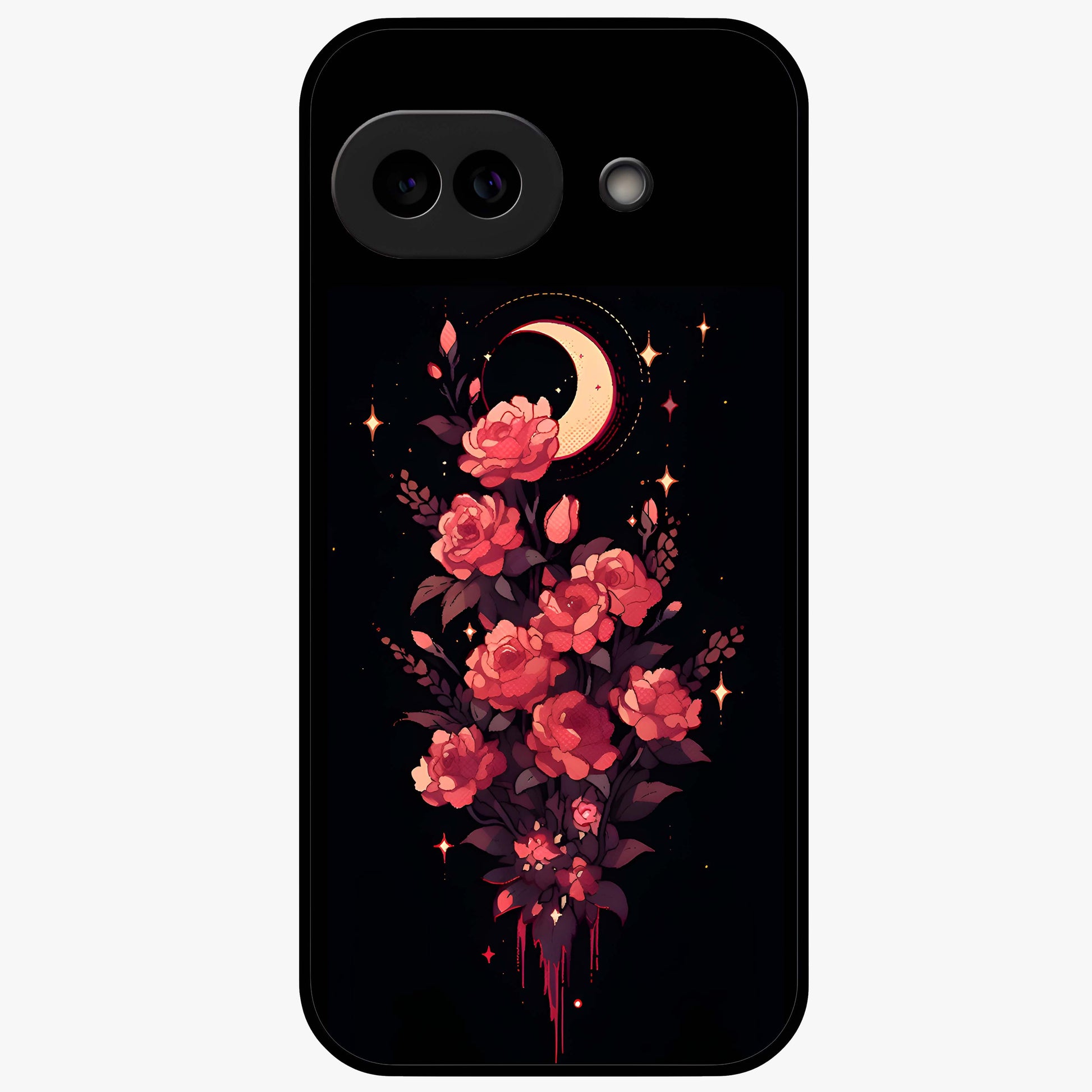 Moonlit Floral Elegance Glass Case showing flat back view with elegant floral artwork under moonlit tones and glossy glass finish.