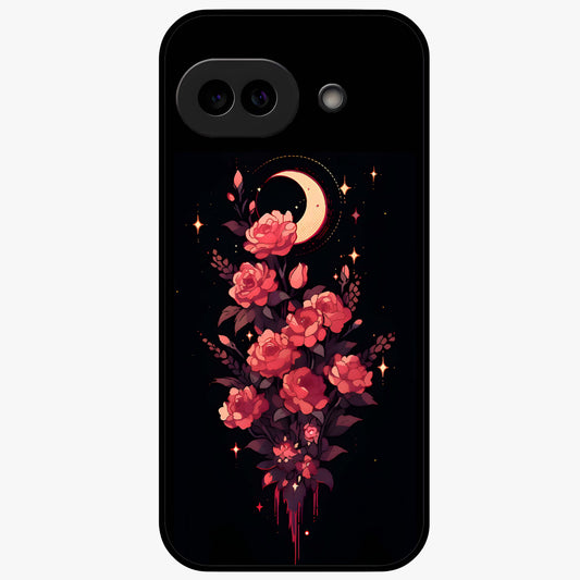 Moonlit Floral Elegance Glass Case showing flat back view with elegant floral artwork under moonlit tones and glossy glass finish.