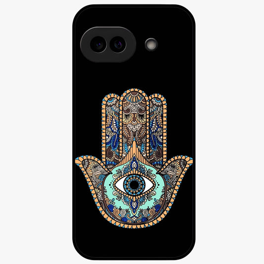 Mystic Hamsa Eye Glass Case showing flat back view with protective hamsa hand and evil eye artwork and glossy glass finish.