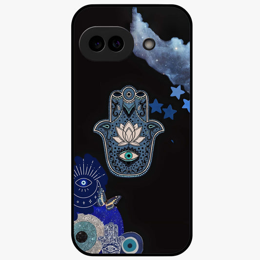 Mystic Hand Aura Glass Case showing flat back view with mystical hand symbol artwork and glossy glass finish.