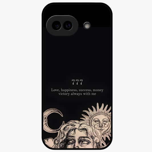 Mystic Victory Aura Glass Case showing flat back view with victory symbol artwork and glossy glass finish.