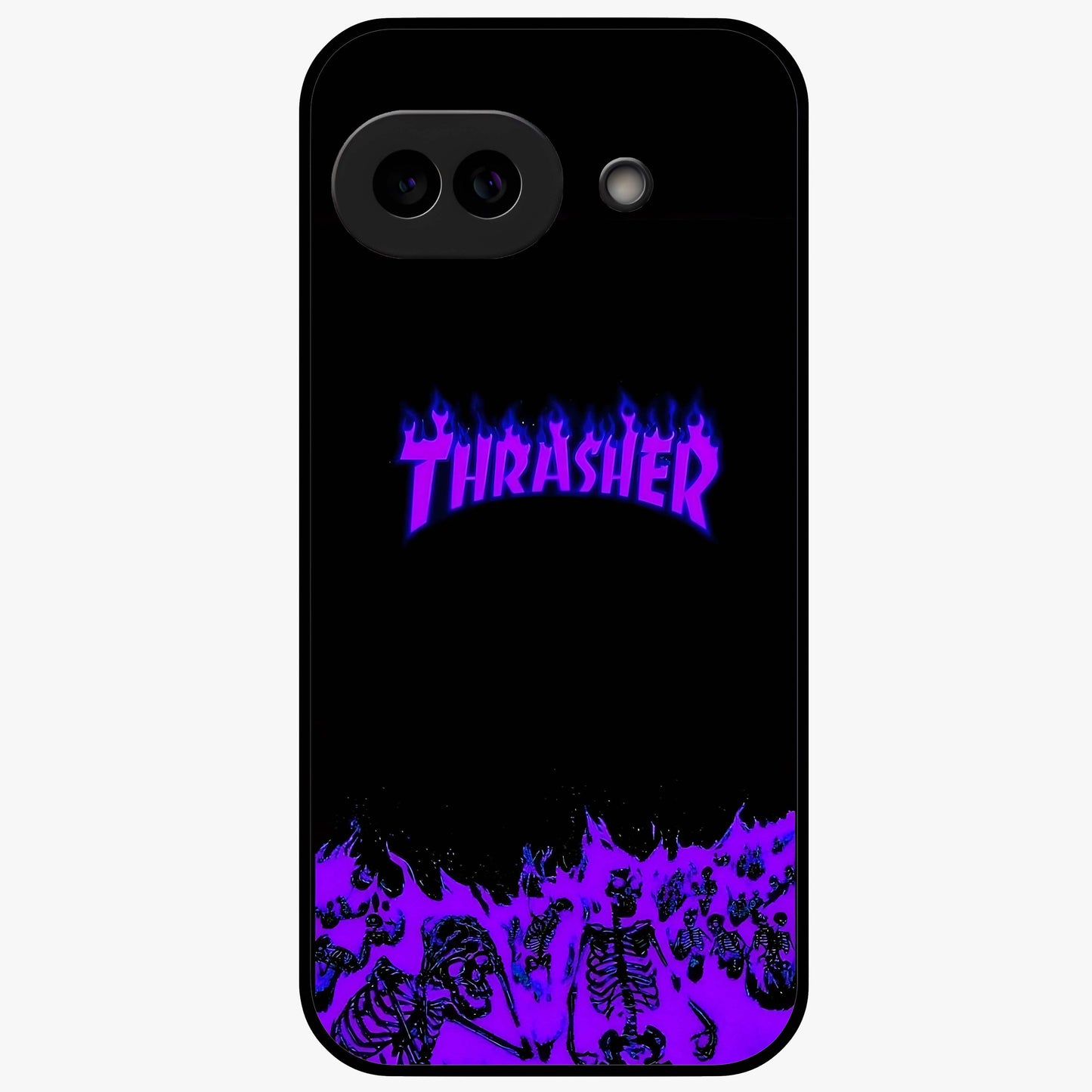 Neon Flame Riot Glass Case showing flat back view with neon flame artwork and glossy glass finish.