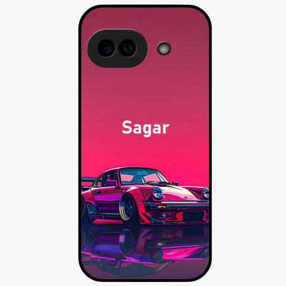 Neon Pink Porsche Glass Case showing flat back view with stylish sports car artwork and glossy glass finish.