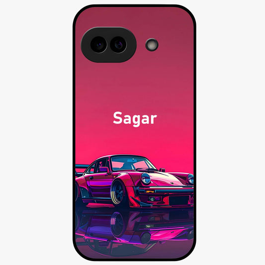 Neon Pink Porsche Glass Case showing flat back view with stylish sports car artwork and glossy glass finish.