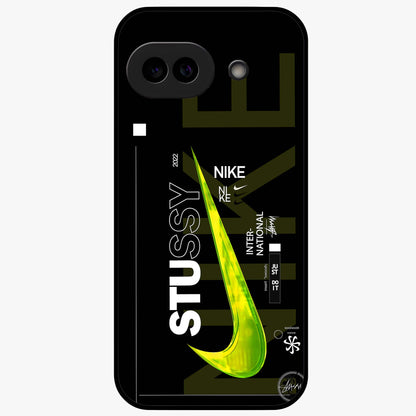 Neon Street Edition Glass Case showing flat back view with neon street style artwork and glossy glass finish.