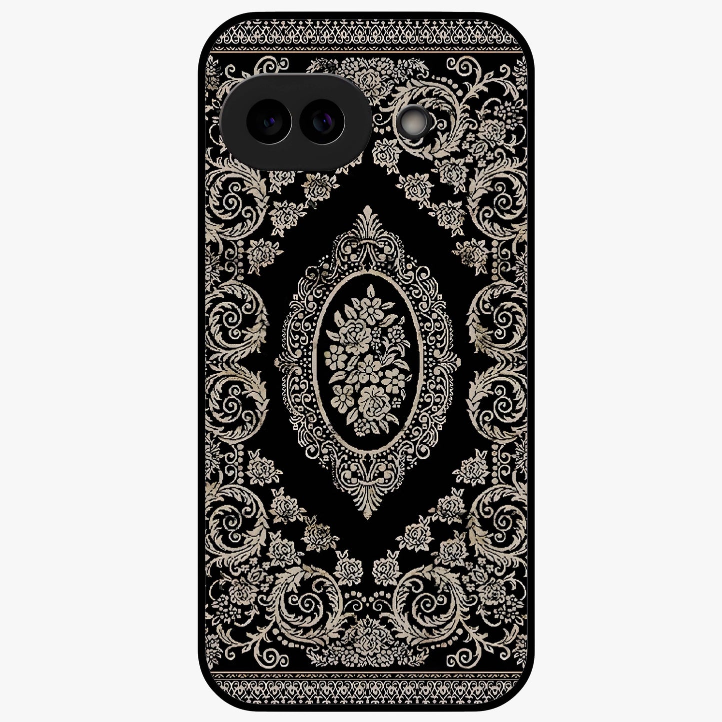 Noir Bloom Elegance Glass Case showing flat back view with elegant dark floral artwork and glossy glass finish.