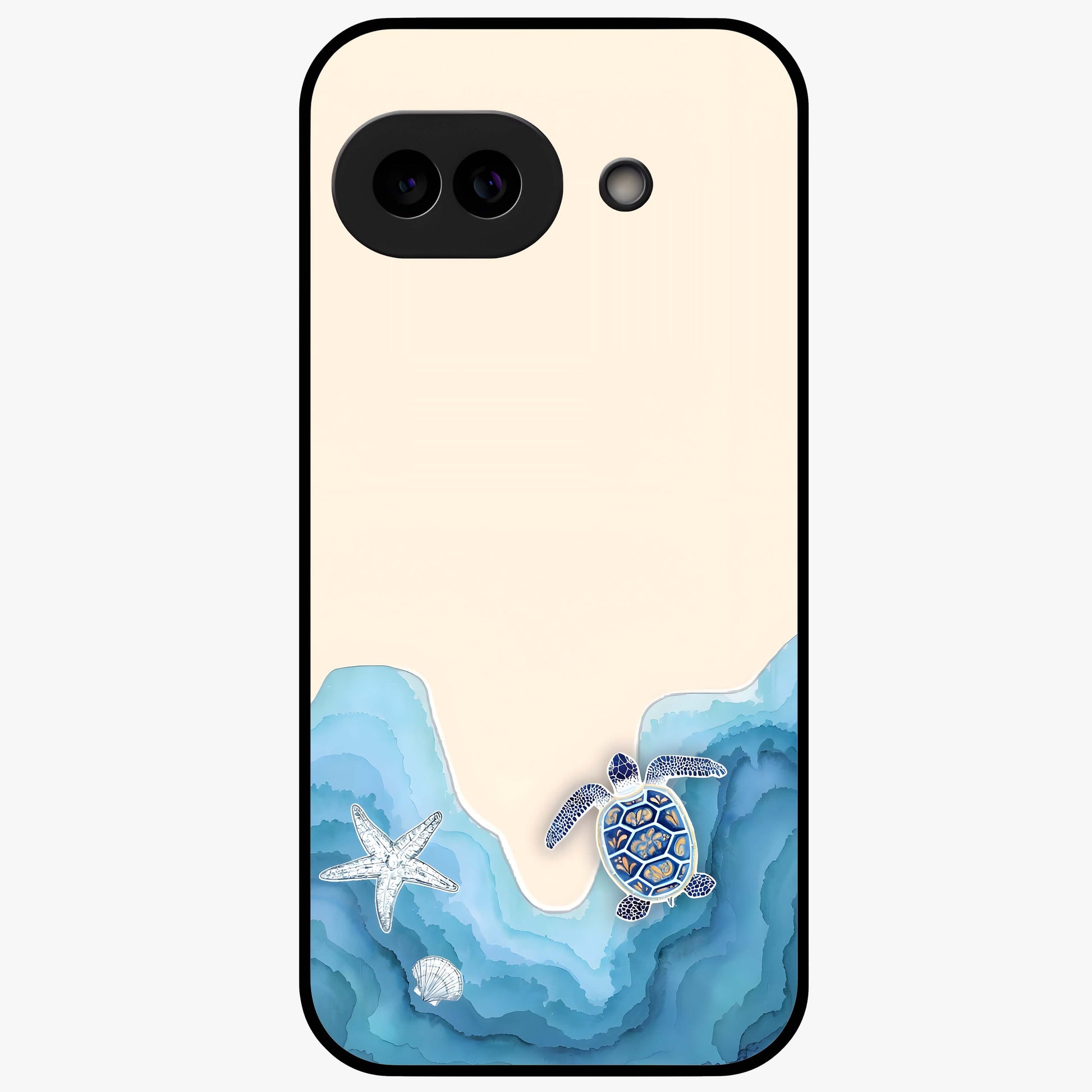 Ocean Drift Turtle Glass Case showing flat back view with sea turtle artwork and glossy glass finish.