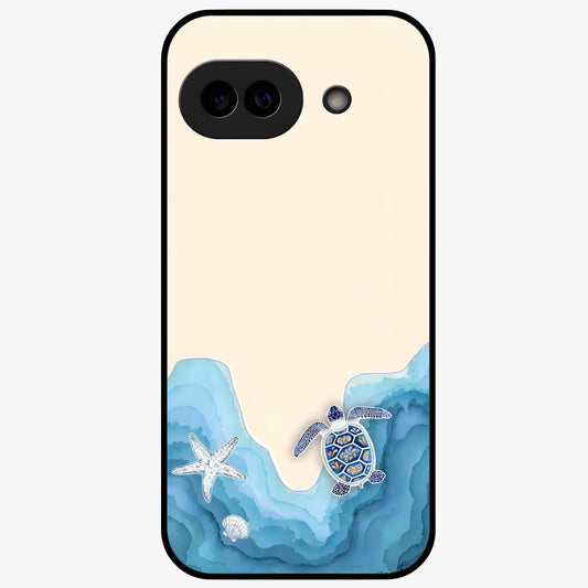 Ocean Drift Turtle Glass Case showing flat back view with sea turtle artwork and glossy glass finish.