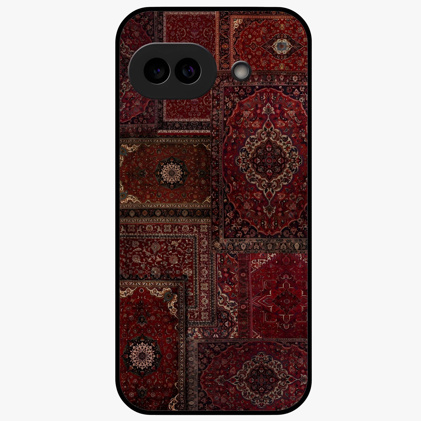 Persian Velvet Tale Glass Case showing flat back view with luxurious Persian velvet pattern artwork and glossy glass finish.