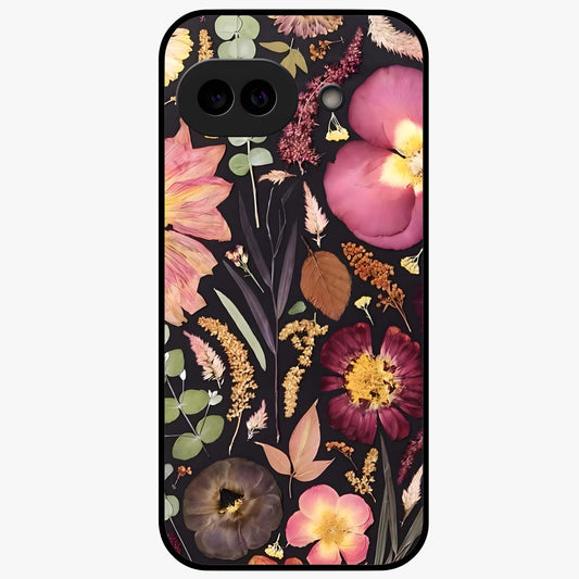 Petal Dream Tapestry Glass Case showing flat back view with intricate floral tapestry artwork and glossy glass finish.