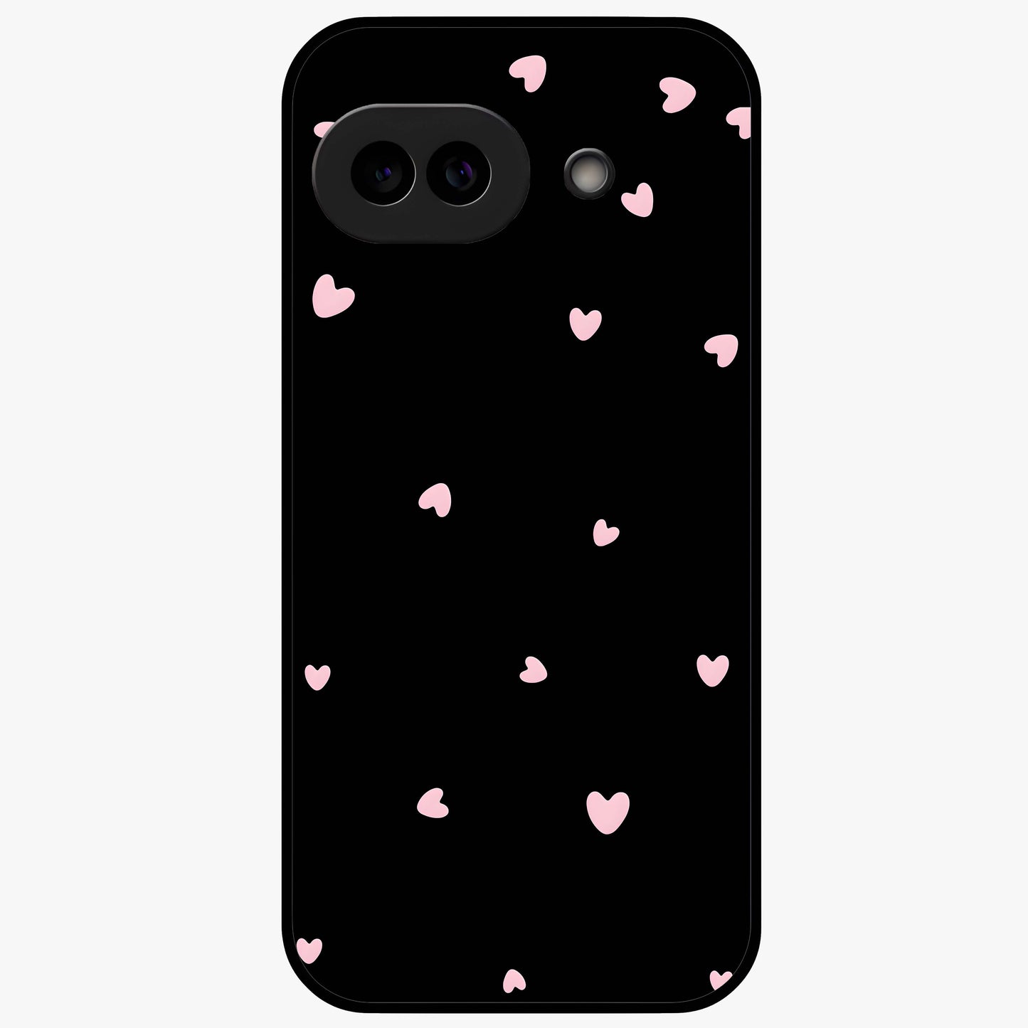Pink Love Drops Glass Case showing flat back view with playful pink heart drops artwork and glossy glass finish.