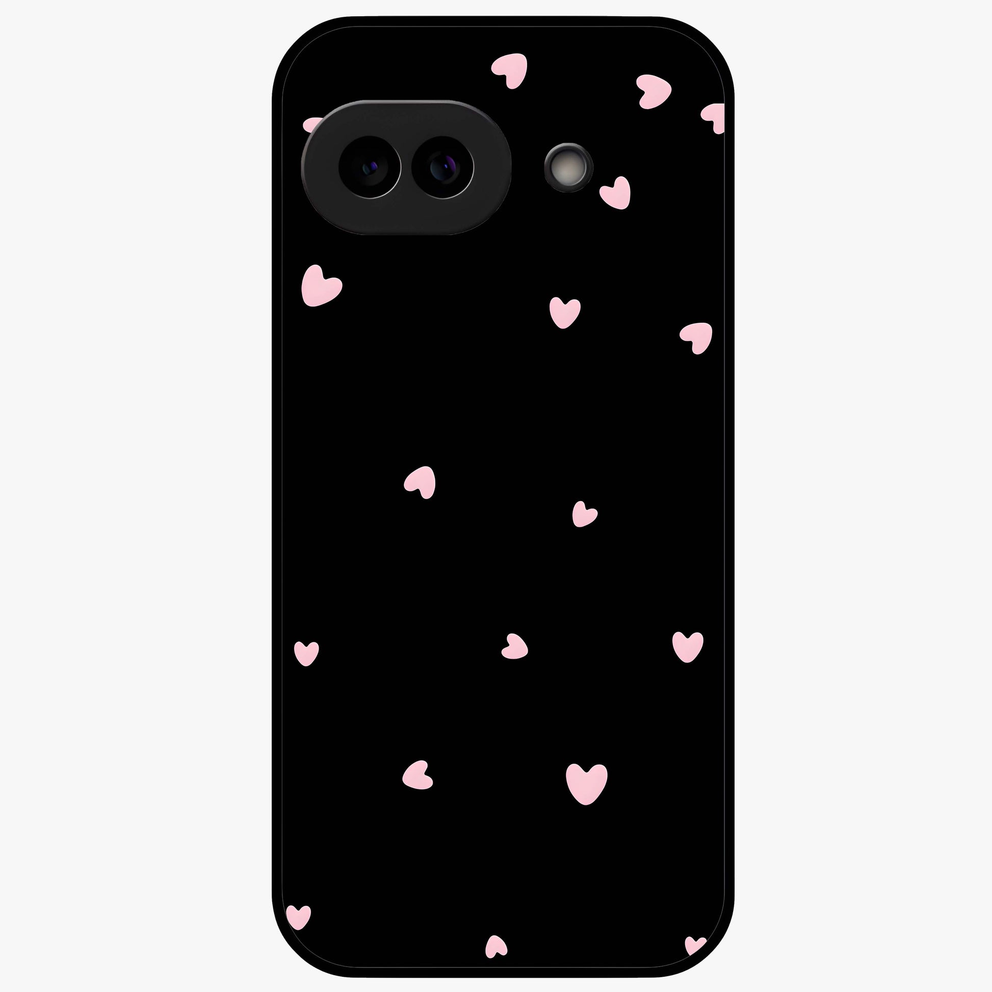 Pink Love Drops Glass Case showing flat back view with playful pink heart drops artwork and glossy glass finish.