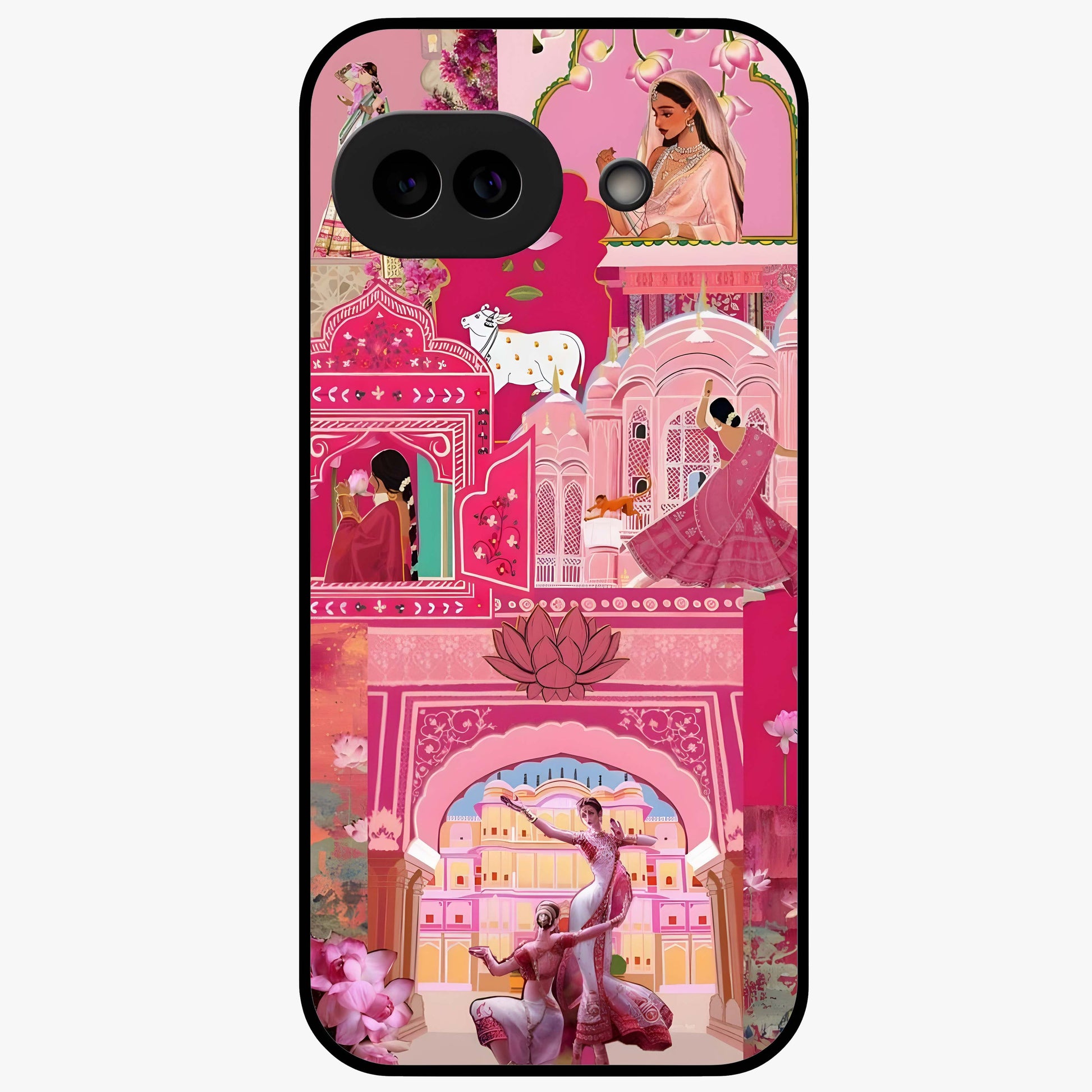 Pink Palace Muse Glass Case showing flat back view with elegant palace inspired artwork and glossy glass finish.