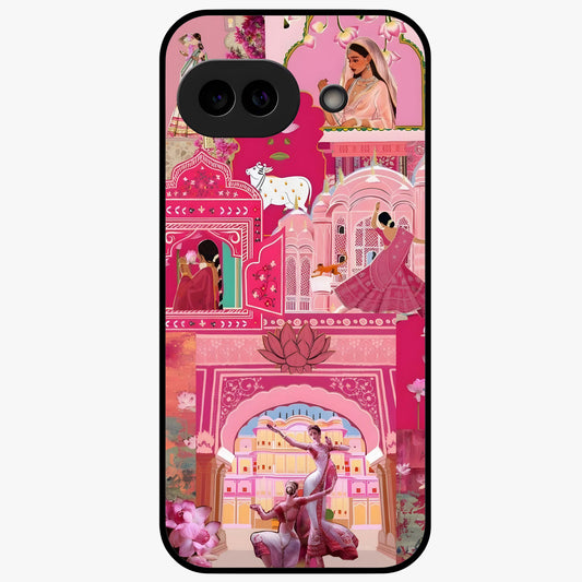Pink Palace Muse Glass Case showing flat back view with elegant palace inspired artwork and glossy glass finish.