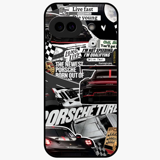 Porsche Racing Collage Glass Case showing flat back view with sports car racing collage artwork and glossy glass finish.