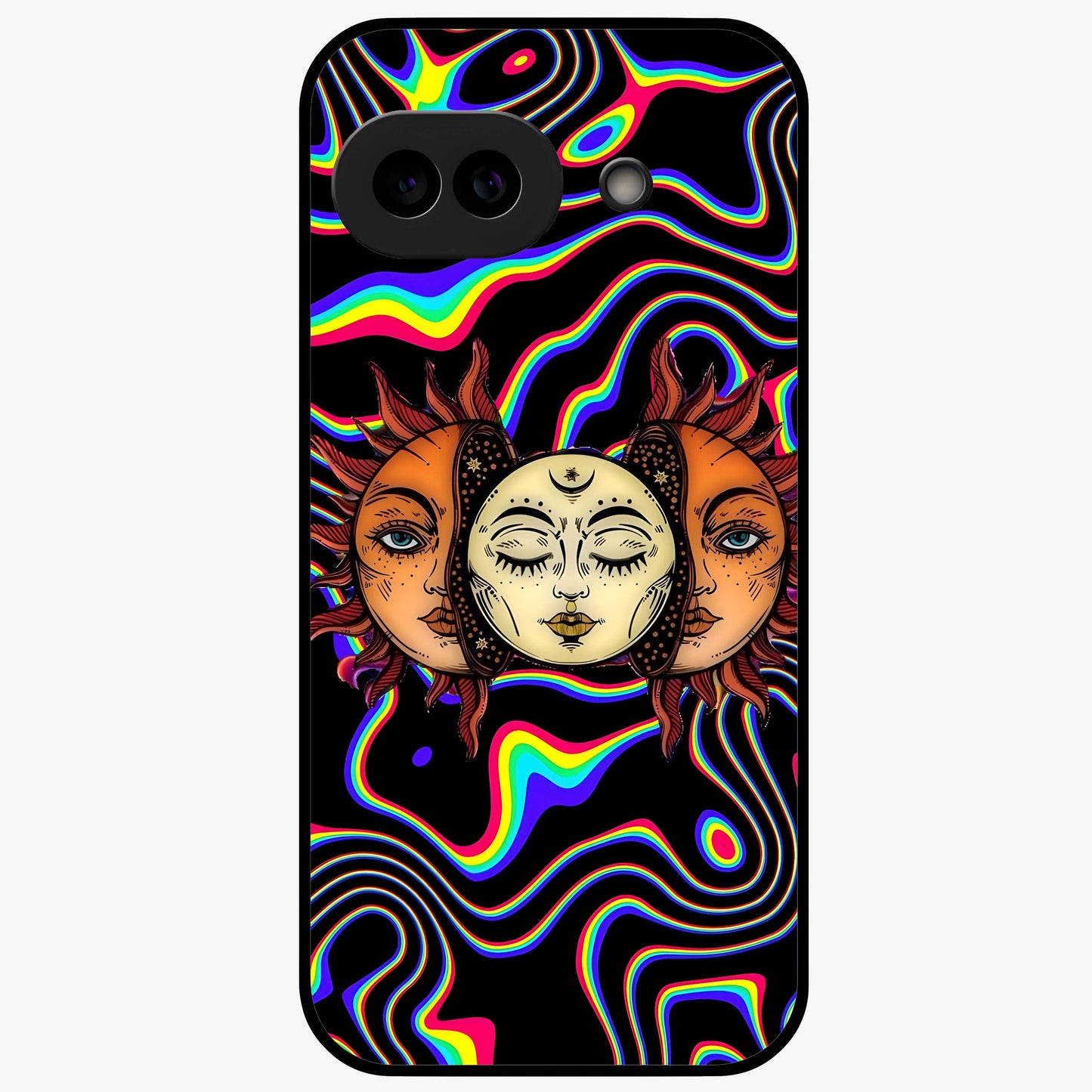 Psychedelic Sun Glass Case showing flat back view with colorful psychedelic sun artwork and glossy glass finish.