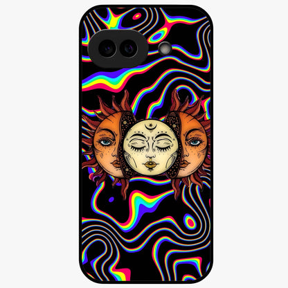 Psychedelic Sun Glass Case showing flat back view with colorful psychedelic sun artwork and glossy glass finish.