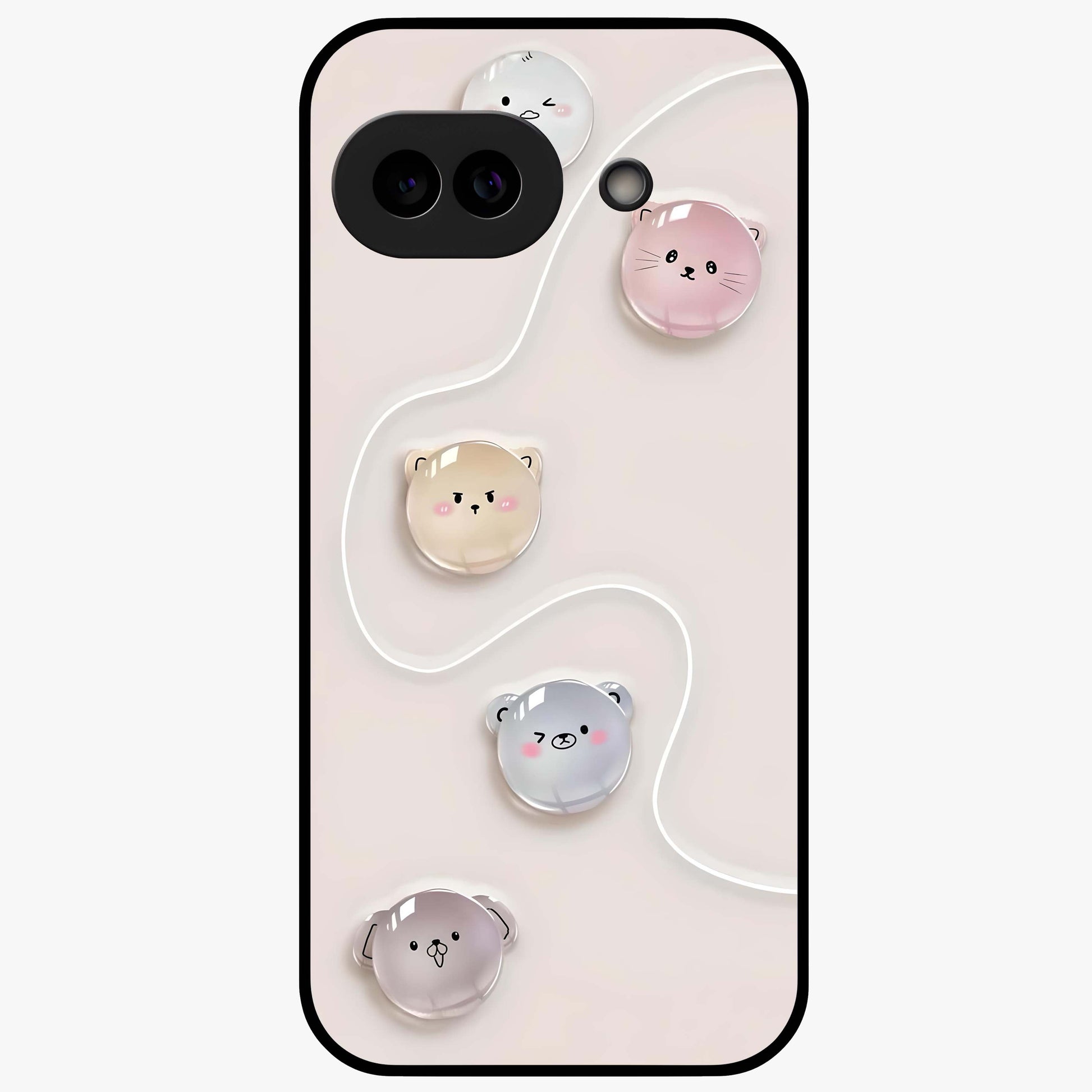 Puffy Face Parade Glass Case showing flat back view with cute puffy character faces artwork and glossy glass finish.