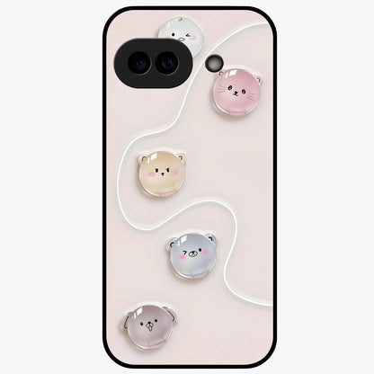 Puffy Face Parade Glass Case showing flat back view with cute puffy character faces artwork and glossy glass finish.
