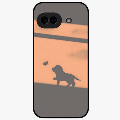 Puppy Shadow Art Glass Case showing flat back view with cute puppy shadow style artwork and glossy glass finish.