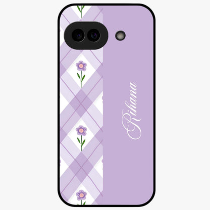 Purple Diamond Floral Glass Case showing flat back view with diamond shaped floral artwork and glossy glass finish.