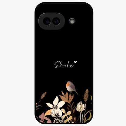 Quiet Garden Tune Custom Name Glass Case showing flat back view with peaceful garden artwork and personalized name design.