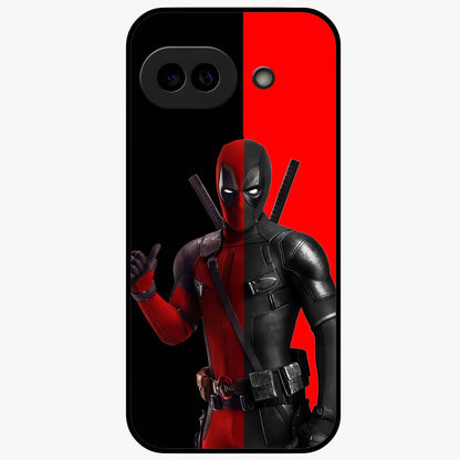 Red & Black Deadpool Theme Glass Case showing flat back view with bold comic inspired artwork and glossy glass finish.