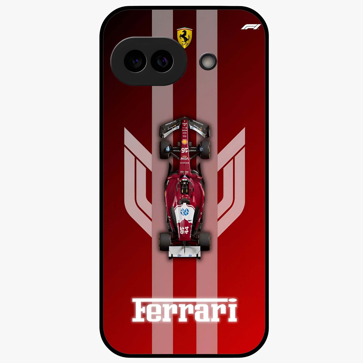 Red Ferrari F1 Vertical Glass Case showing flat back view with sleek Formula racing car artwork and glossy glass finish.