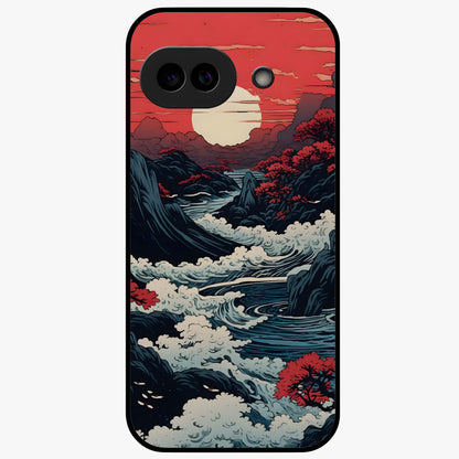 Red Sunset Scenery Glass Case showing flat back view with vibrant sunset landscape artwork and glossy glass finish.
