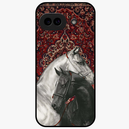 Regal Stallion Tapestry Glass Case showing flat back view with majestic horse tapestry artwork and glossy glass finish.