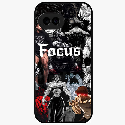 Relentless Power Focus Glass Case showing flat back view with motivational typography artwork and glossy glass finish.