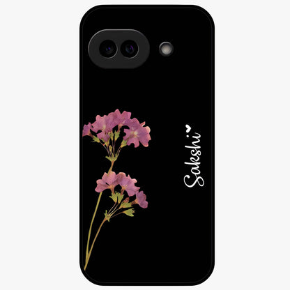 Riching Lavender Flower Custom Name Glass Case showing flat back view with lavender floral artwork and personalized name design.