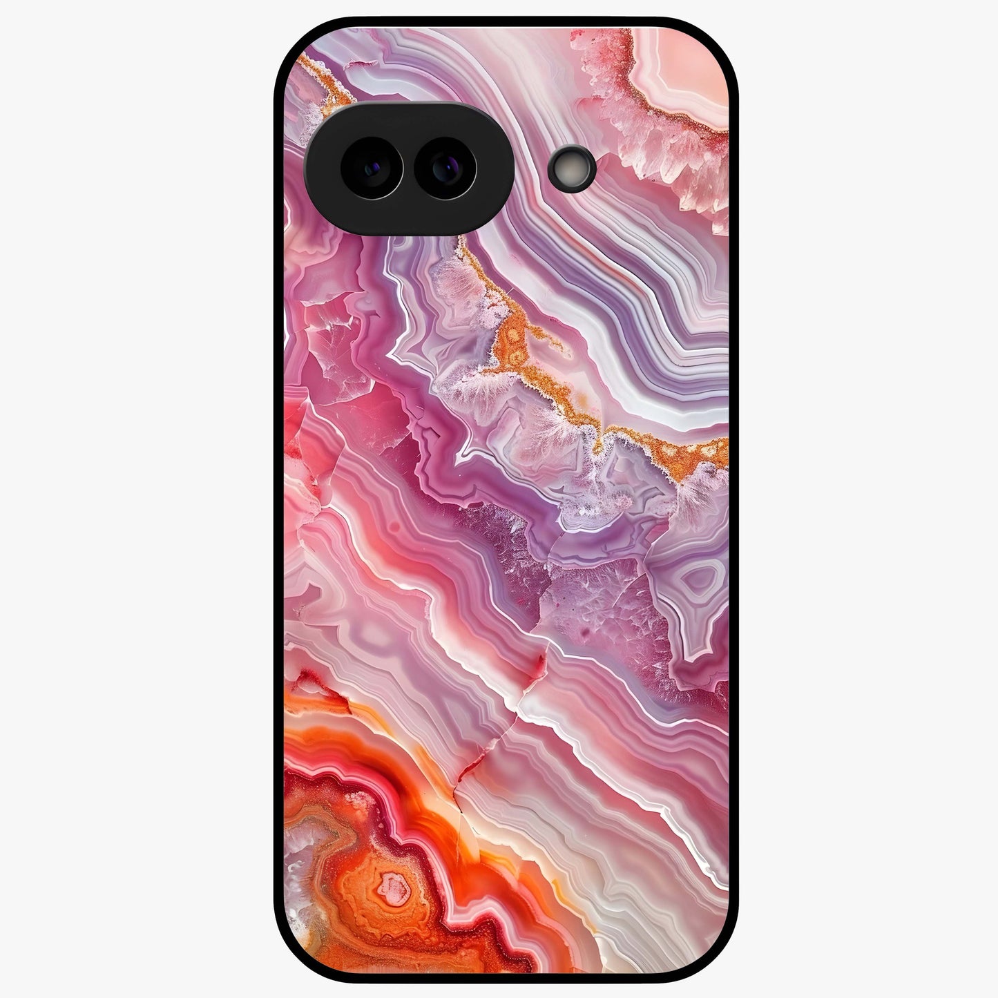 Rose Quartz Marble Glass Case showing flat back view with pink marble quartz texture artwork and glossy glass finish.