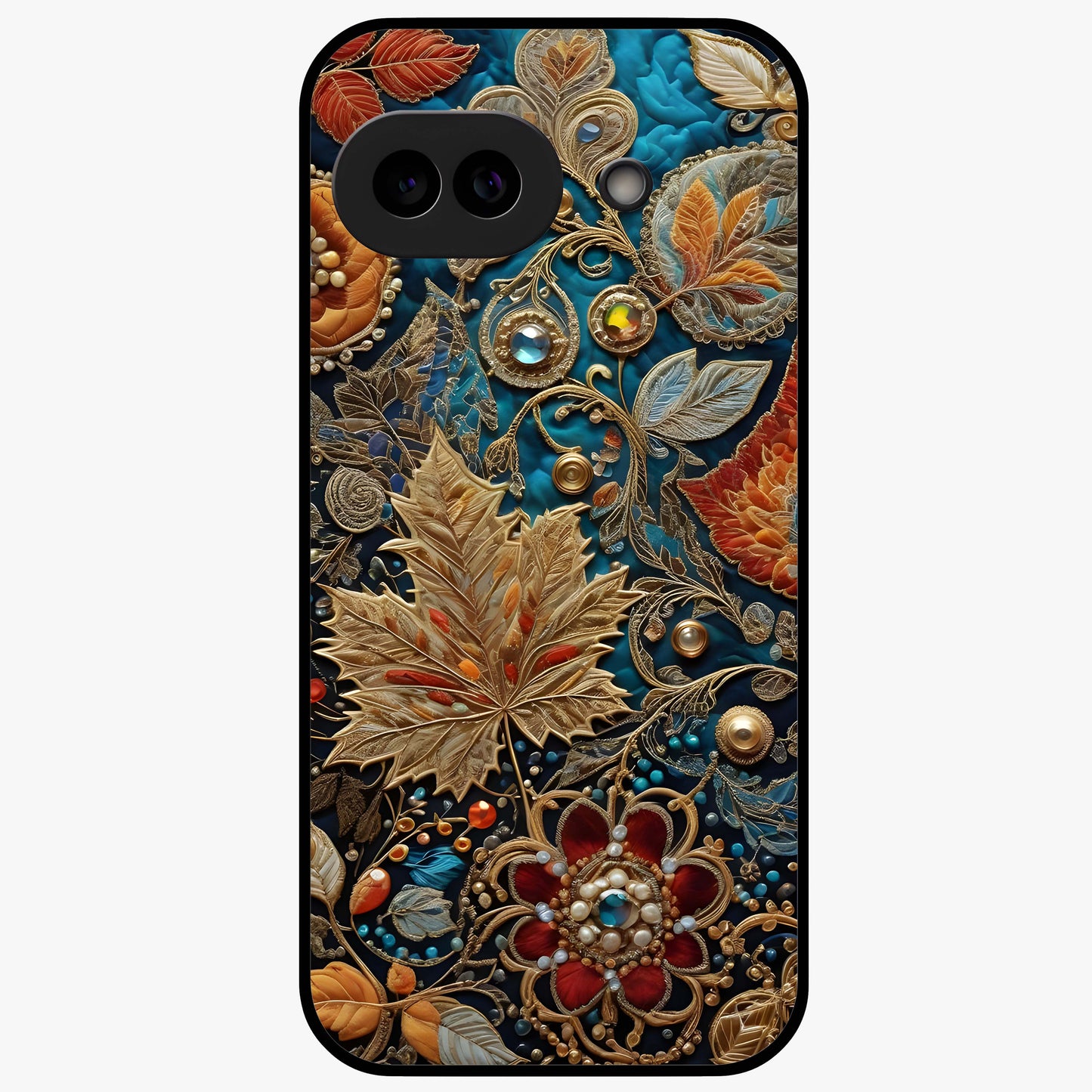 Royal Jewel Garden Glass Case showing flat back view with decorative floral garden artwork and glossy glass finish.