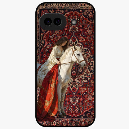 Royal Rider Tapestry Glass Case showing flat back view with majestic horse rider tapestry artwork and glossy glass finish.