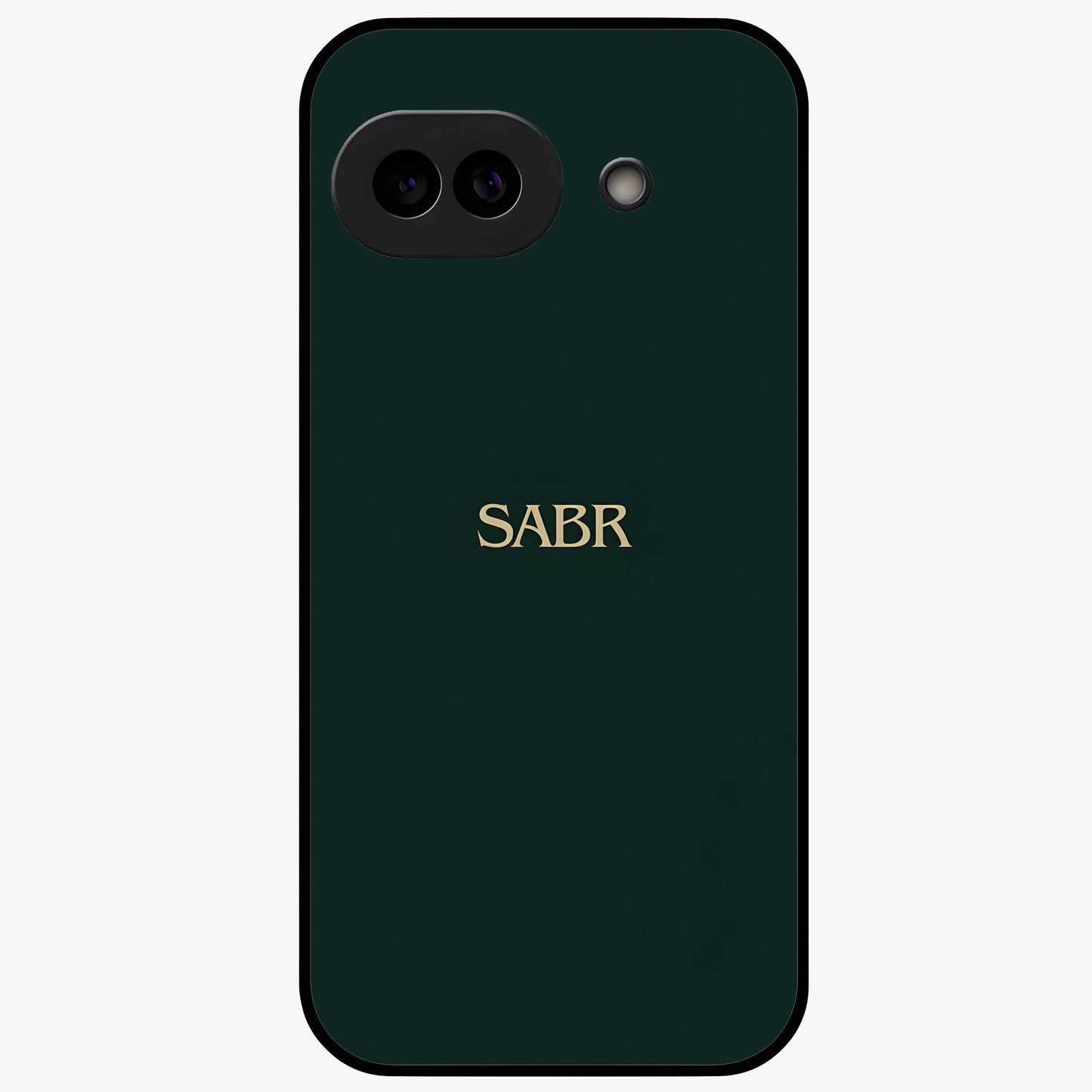 Sabr Minimal Patience Glass Case showing flat back view with minimalist typography artwork and glossy glass finish.
