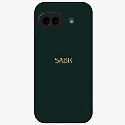 Sabr Minimal Patience Glass Case showing flat back view with minimalist typography artwork and glossy glass finish.