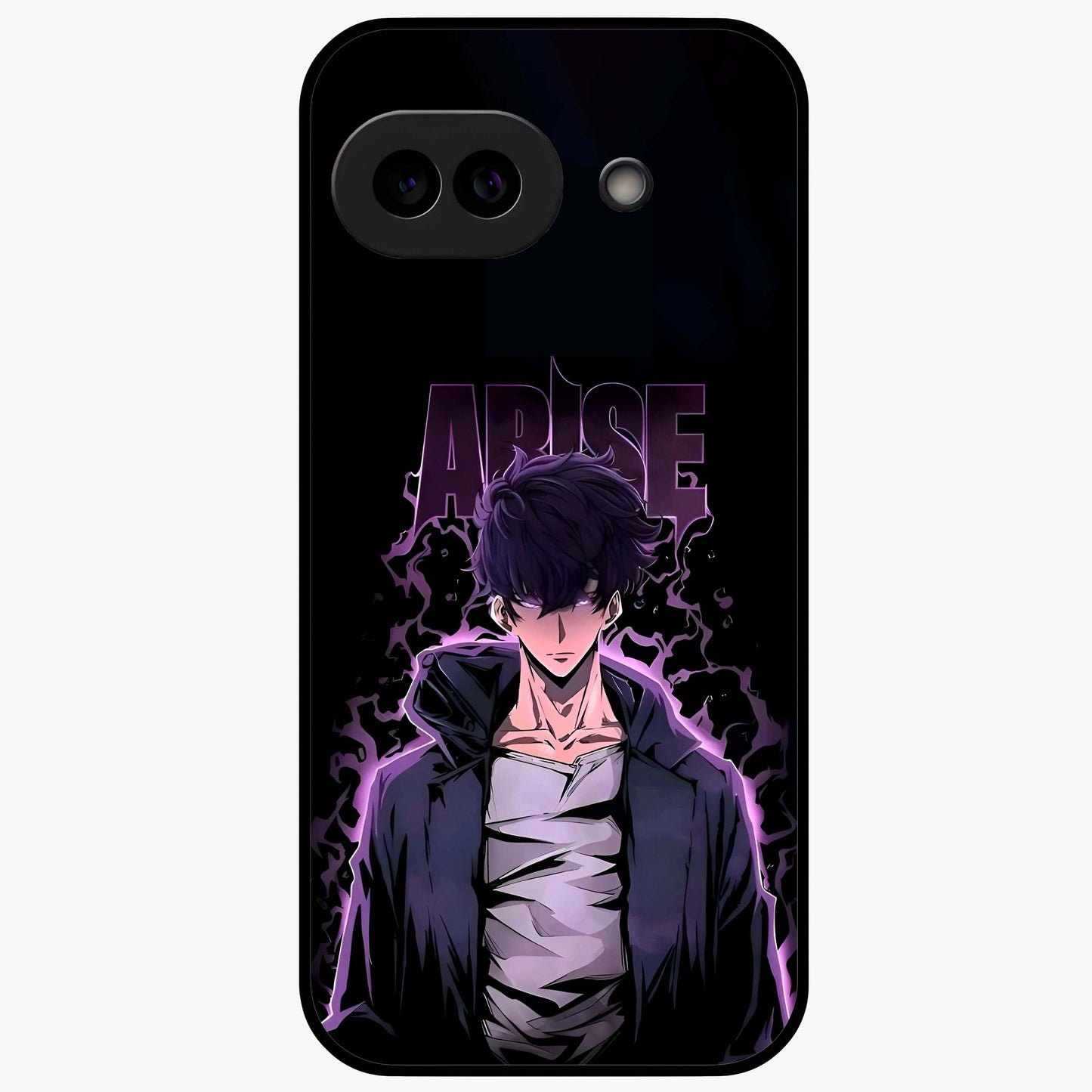 Shadow Monarch Awakening Glass Case showing flat back view with powerful dark monarch themed artwork and glossy glass finish.