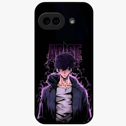 Shadow Monarch Awakening Glass Case showing flat back view with powerful dark monarch themed artwork and glossy glass finish.